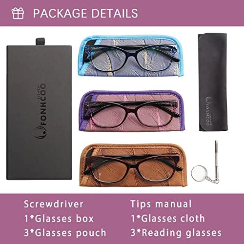 FONHCOO, 3 опаковки на Очила за четене, за жени и мъже, Блокиране на синя светлина, Стилен Компютърен Четец Котешко око