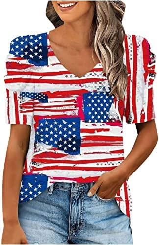 Горната Риза за Жени Лято Есен Памук С Къс Буйни Ръкав Дълбоко VОбразный Силует Американски Флаг Графична Ежедневна Блуза DA
