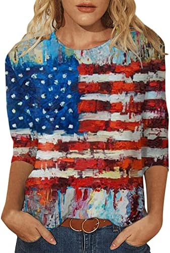 Риза с флага на сащ за Жените, Ежедневно Тениска с Графичен Модел, 3/4 Ръкав, Междузвездни ленти, Тениски САЩ,