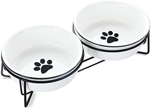 Купички за котки и малки кучета GDCZ Ceramics с издигната метална поставка за храна за домашни любимци, 15 грама, бял