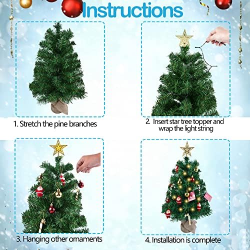 Мини-Изкуствена Коледна елха Stcomart с Осветление и Декорации, Малка Настолна Коледна Елха, 24 Инча