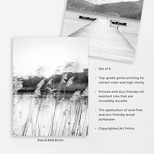 Лейк Пейзаж В Рамка Стенно Изкуство: Черна Картина с Изображение на Сцената на Природата, Модерен моторна лодка на Кея,