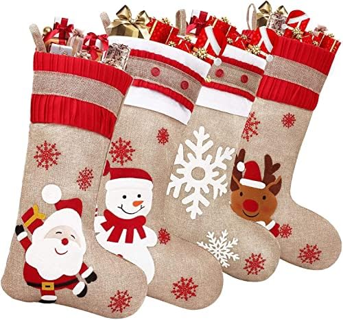 Коледни Чорапи MBETA, 4 опаковки, 18 инча, Сладък Коледен Декор, Чул, Клетчатая Бродерия, Стил за Семейна Почивка, Коледно
