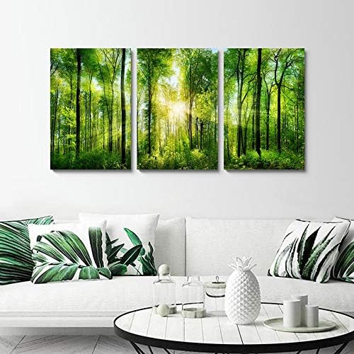 Youk-Art Decor 3 Панела Сутрин Изгрева на Зелени Дървета, Пейзаж Слънчева Светлина над Гората Снимка Отпечатана върху Платно