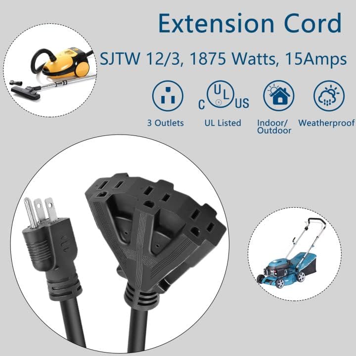 Външен удължител 12/3, SJTW 15-Амперный Тежкотоварни захранващ кабел с 3 розетки, Трехконтактный захранващ кабел за помещения