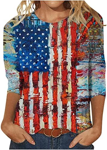 Ausyst Женска Тениска с Американския Флаг на 4 юли, ден за ден Пуловер с кръгло деколте и 3/4 ръкав, Междузвездни Ленти, Графични