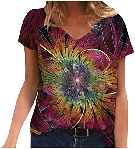 Женска Тениска с Къс Ръкав 2023, Памучен Тениска с Дълбоко V-образно деколте и Цветен Модел в стил Киберпънк, Лятна