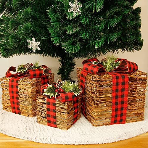 Коледен Комплект Juegoal от 3 Подарък Кутии с подсветка от Ратан, Бижута, 60 светодиода С Топла бяла Подсветка, Украса за Поли