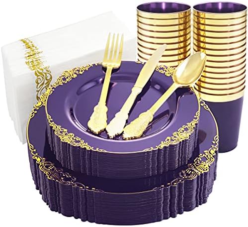 Nervure 175ШТ Прозрачни Виолетови Пластмасови чинии - Златни Пластмасови чинии за 25 гости Включва 25 места за хранене чинии,