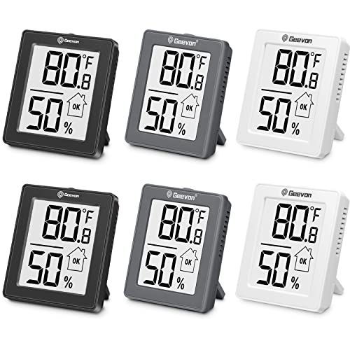 Geevon 6 Опаковки, Дигитален Влагомер, Стаен Термометър, Сензор за Влажност на въздуха в помещения, с Батерия,