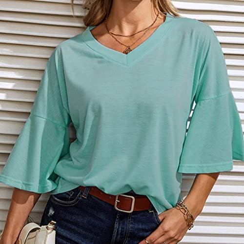 Блуза, Риза за Жени 2023 С Къс Ръкав-Клеш и Дълбоко V-образно деколте, От Памук Свободно Намаляване на Основните