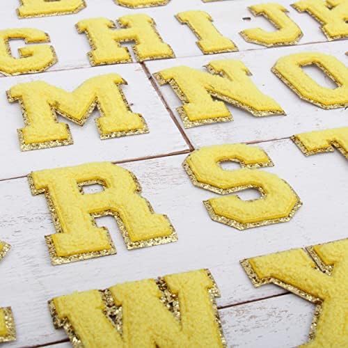 Комплект от 26 букви, ленти за университетски букви от шенилна с пайети - Жълт тъкани от шенилна със златен блестящ