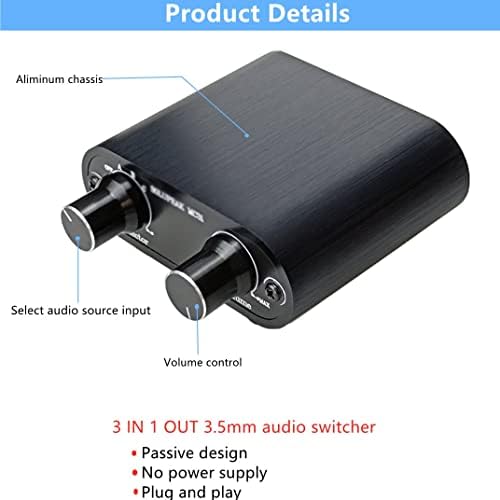 Аудиопереключатель SDFGH 3,5 мм с водачи за регулатор на силата на звука, 3 в 1 От 1/8 aux switcher, Блок за избор