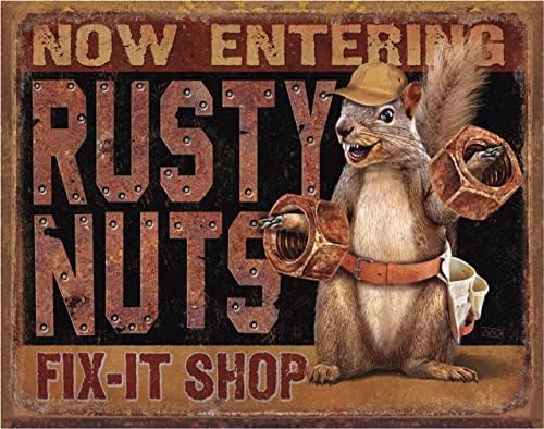 Лидице Табела на магазин Desperate Enterprises Ръждив Nuts Fix It Shop - Носталгично Ретро Метална декорация За стени
