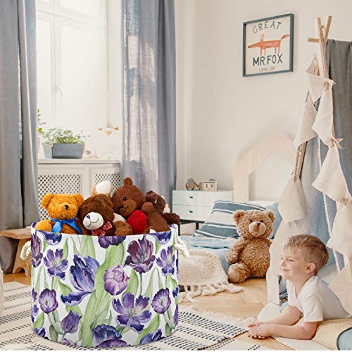visesunny Сгъваема Кошница с Голям Капацитет, с Лилаво цвете Лале, Кошница за съхранение на детски играчки с Трайни