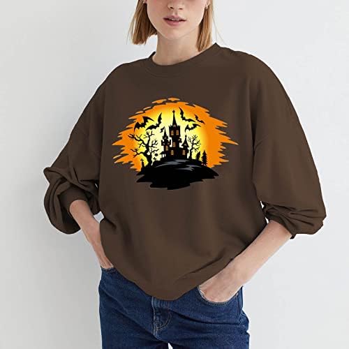 Дамски Свитшоты Sunset Halloweentown с графичен Дизайн, Риза с кръгло деколте на Хелоуин, Свободни Ежедневни Зимни Флисовые