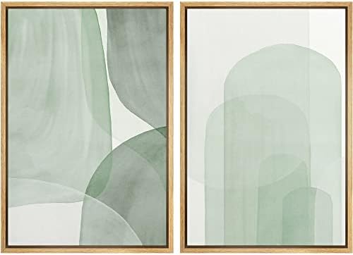 SIGNWIN Комплект за стенен изкуство с принтом на платно в рамка, Пастел, Акварел, Зелен Полигональный Колаж,