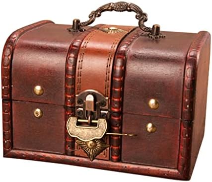 ZSEDP Ретро Дървен Сандък със Съкровища, Декоративна Кутия за съхранение с Метална ключалка за Дома (Цвят: Вино-червено,