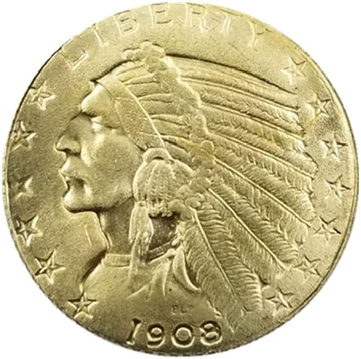 Старинни Занаяти 1908 D Версия на американския Индианец Половината Орел 5 долара в Златни Монети Чужд Сребърен Долар