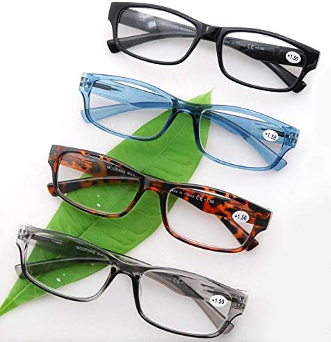 MODFANS 4 Опаковки Очила за четене Мъжки и Женски Правоъгълни Ридеры за мъже с Пружинным тръба на шарнирна Връзка