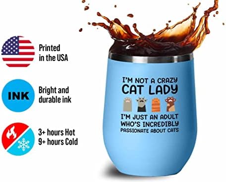 Чаша за вино Flairy Land Cat Lady Blue 12 унции - запален котки -Съдове за Кошачью тема, Подарък За родителите на