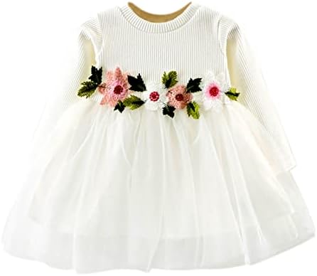 Бална рокля от Тюл с бродерия на цветя и дълги ръкави в рубчик за малки момичета, Бална Рокля на Принцеса (Бял,