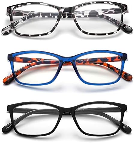 Yuluki 3 опаковки очила за четене с блокиране на синя светлина, леки и удобни правоъгълни ридеры за мъже и жени, модни
