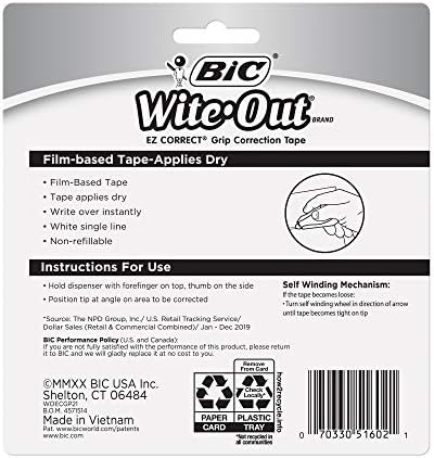 Поправяне на лентата BIC Wite-Out марка EZ Correct Grip, 33,5 Фута, 2 опаковки бяла корректирующей лента, Бърза,