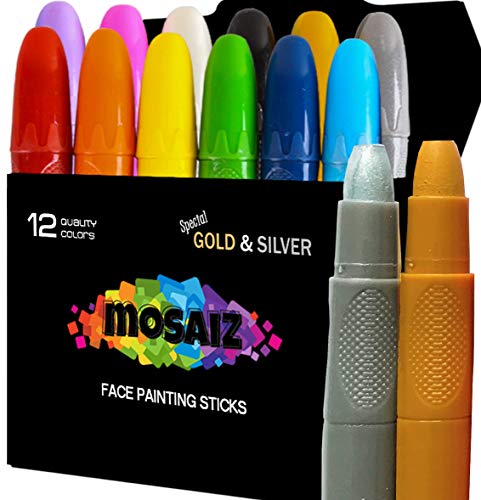 Комплекти за рисуване лице Mosaiz за деца, Комплект бои за лице на водна основа 12 Цвята, Скручиваемые и Пере Пръчици