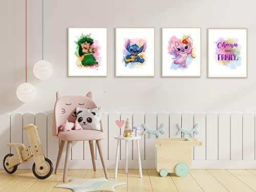 Акварелни плакати Gwency Design Лило и Стич - Комплект от 4 (8 x 10 инча) - Стенен декор на детска стая Лило и Стич за деца
