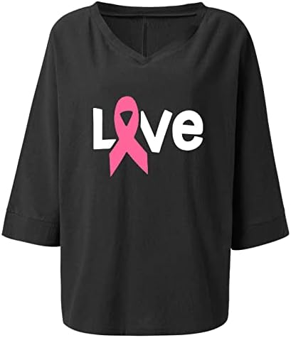 Рак на гърдата Ежедневни Дамски Блузи С 3/4 ръкав и Дълбоко V Образно деколте Ленени Love Любовник Графични Блузи Свободно