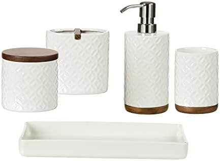 Комплект аксесоари за баня Motifeur, Състоящ се от 5 теми, Керамични и дървени аксесоари за баня, с Опаковка