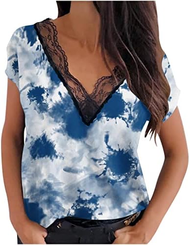 Блуза, Тениска за Момичета, юноши Лято Есен 2023 Дрехи с Къс Ръкав и VОбразным Деколте Лейси Памучен Блуза с Графичен Модел