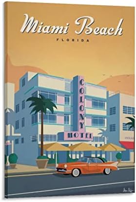 Ретро Пътен Плакат Маями Бийч, Флорида Печат върху Платно Подарък (3) Живопис върху Платно, с монтиран на стената Художествен