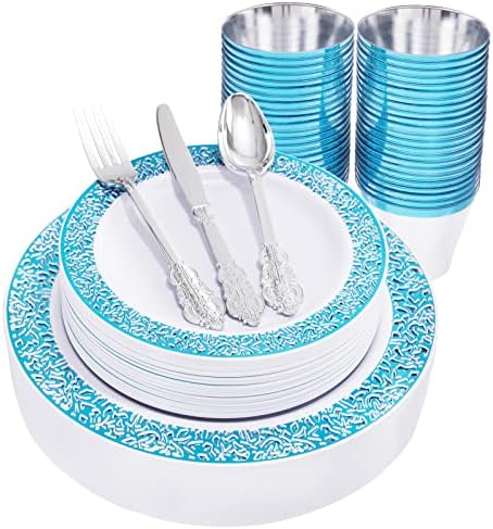 WELLIFE 180ШТ Сини Пластмасови чинии с Столовым сребро, колекция от сини пластмасови прибори включва в себе си: на 30 места