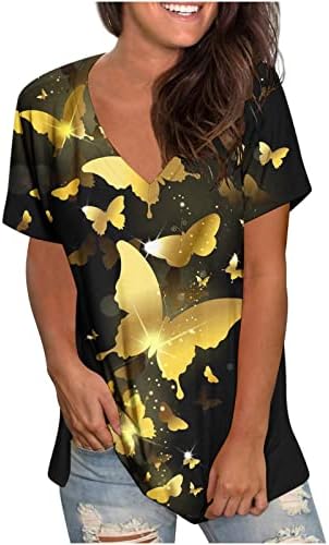 Блуза, Риза за Жени Лято Есен с Къс Ръкав 2023 Облекло Модерен Памучен Ежедневна Блуза с V Образно деколте и Графичен