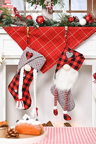 Комплект коледна украса Severin Madelyn Gnome Red White (3 обекта) | Коледни чорапи, 21 инча + Пола за коледната