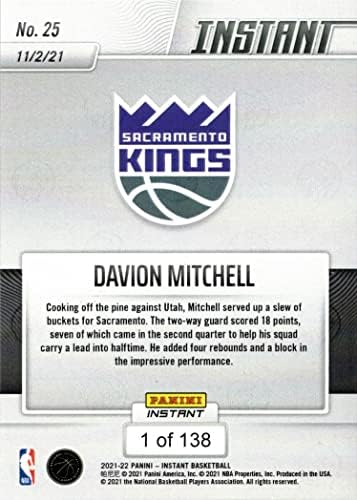 2021-22 Панини Instant Баскетбол 25 Дэвион Мичъл Нов игри с Карти крале - Общо 138 направи!