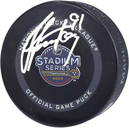 Стивън Стэмкос Тампа Бей Светкавица Забросил миене с автограф В Официален мач Серия на стадион 2022 г. - за Миене на НХЛ