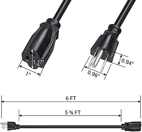 Удължител DEWENWILS 6 фута, всички сезони Захранващия кабел мощност 14/3 SJTW за използване в и извън помещения, захранващ кабел с повишена якост с 3 шипа, черен, посочен ETL, 2 ?