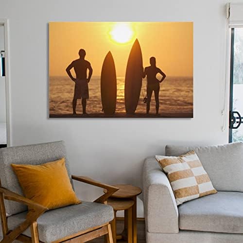 Sunset Дъска за сърф Двойка Стенно Изкуство Романтична Плажен Сърфист Стенно Изкуство Платно Художествен Плакат на Стенно