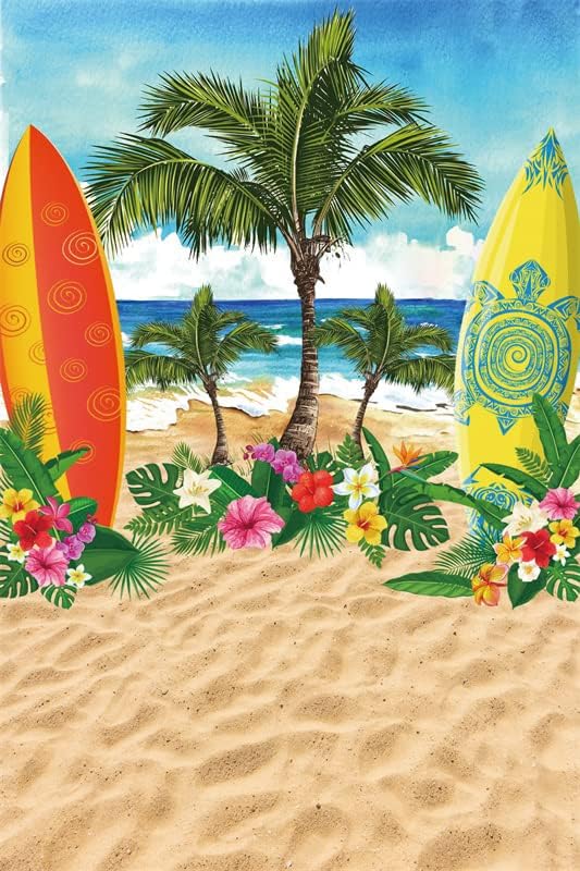 Летен Плаж на Фона на Тропически Бряг на Морето, Пясъчен Плаж с Кокосови Палми Дъска За сърф Фон С Цветен Модел Синьо Небе,