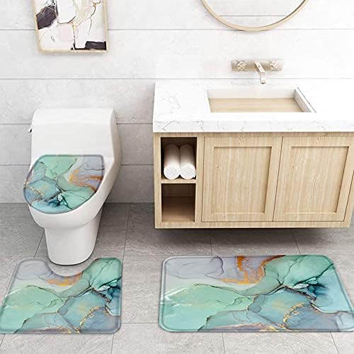 Бирюзово-зелена Завеса за душ с Нескользящими подови изтривалки на разположение, Капака на тоалетната чиния и подложка за вана,