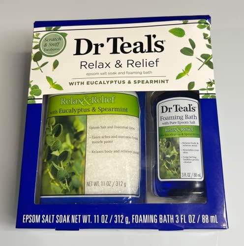 Комплект за вана Dr. Teal's Relax & Relief с английска сол и пяна с эвкалиптом и мента, 2 броя, с 11 грама. Пакетче Сол