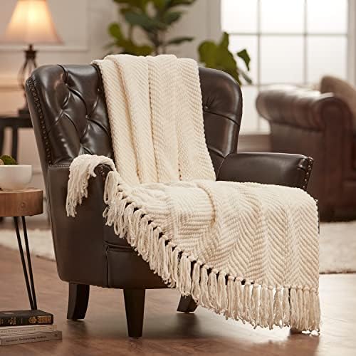 Текстурированное вязаное покривки Chanasya с пискюли - Меко, Уютно покривка за дивана, леглото, хола - 50 x 65 - Кремав