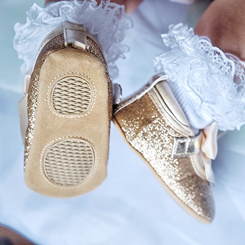 Lidiano/ Детски обувки за бебета момичета с лъскави пайети и лък, нескользящие обувки Mary Jane, на равна подметка и превръзка на главата (6-12 месеца, златни)