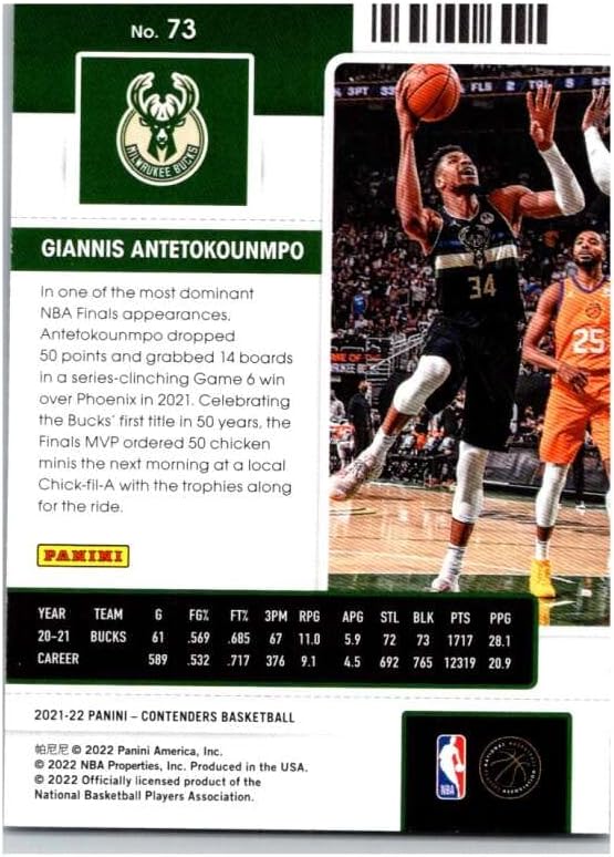 2021-22 Панини Contenders 73 Giannis Антетокунмпо Официалната баскетболна карта Милуоки Бъкс НБА в суров вид (NM