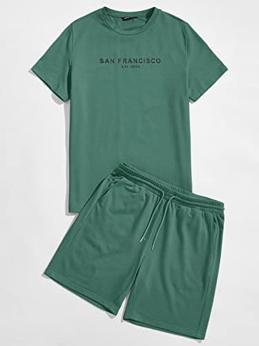 FIOXA Комплект дрехи от две части за мъже, тениски с надпис и спортни шорти (Цвят: Зелен, Размер: X-Large)