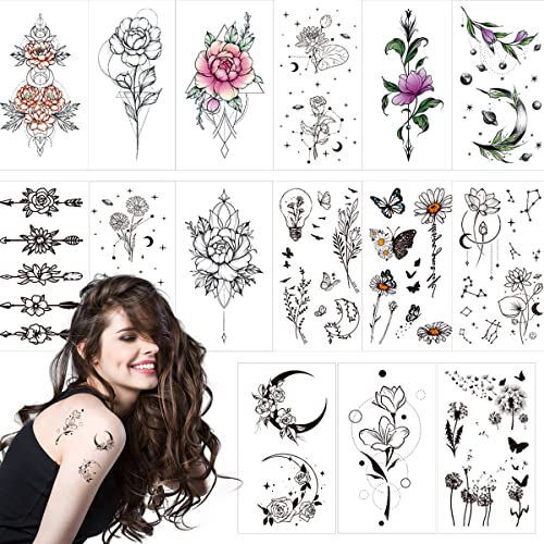 VIWIEU Малки Временни Татуировки под формата на Цвете в ръка, Реалистични за жените и подрастващите момичета, 15 опаковки,