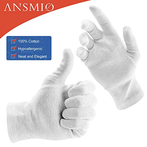 ANSMIO 12 Чифта Памучни ръкавици, Бели Ръкавици за Сухи ръце, Памучни Ръкавици от Екзема, Овлажнители Нощни Ръкавици, Бели